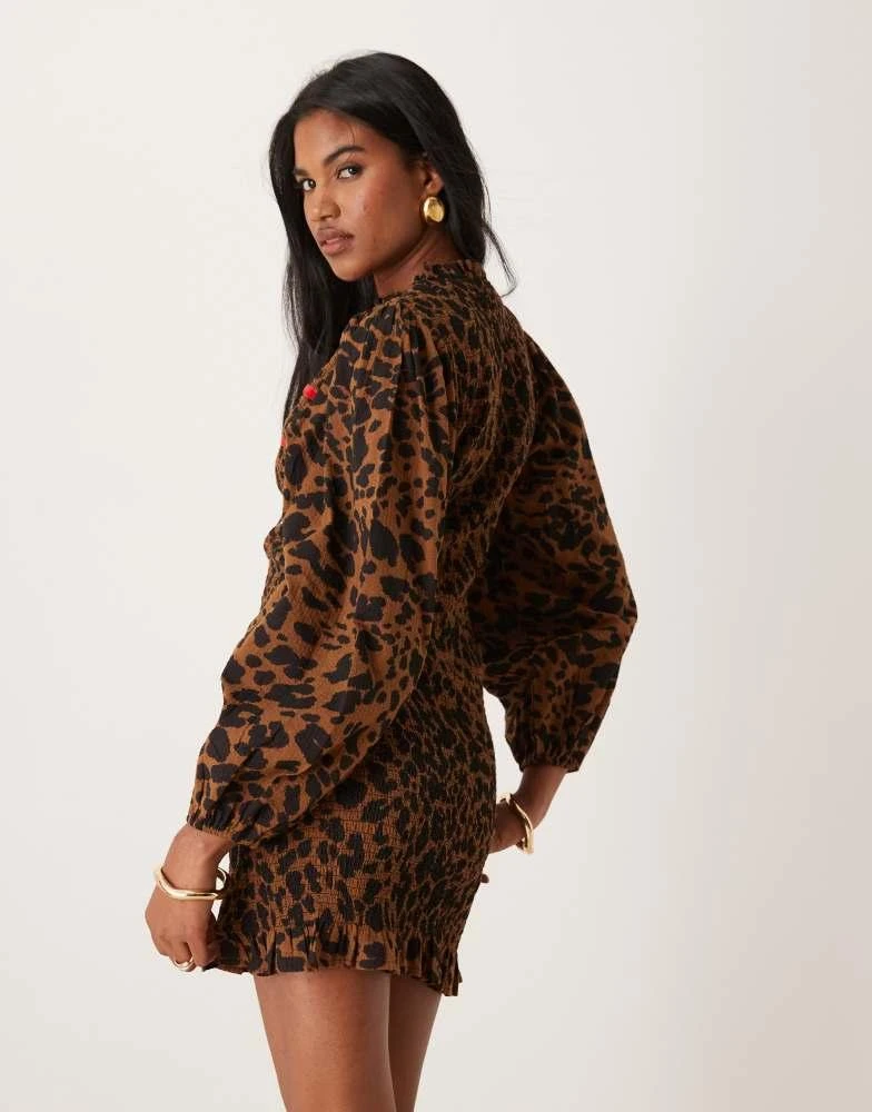Neon Rose Neon Rose leopard print shirred ribbon detail mini dress in brown 3