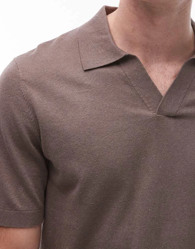 ARKET ARKET cotton linen knitted shirt sleeve polo shirt in light brown 2