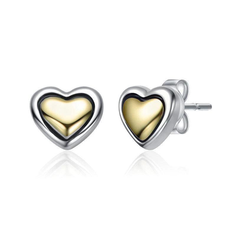 Genevive Sterling Silver Two-Tone Heart Design Stud Earrings