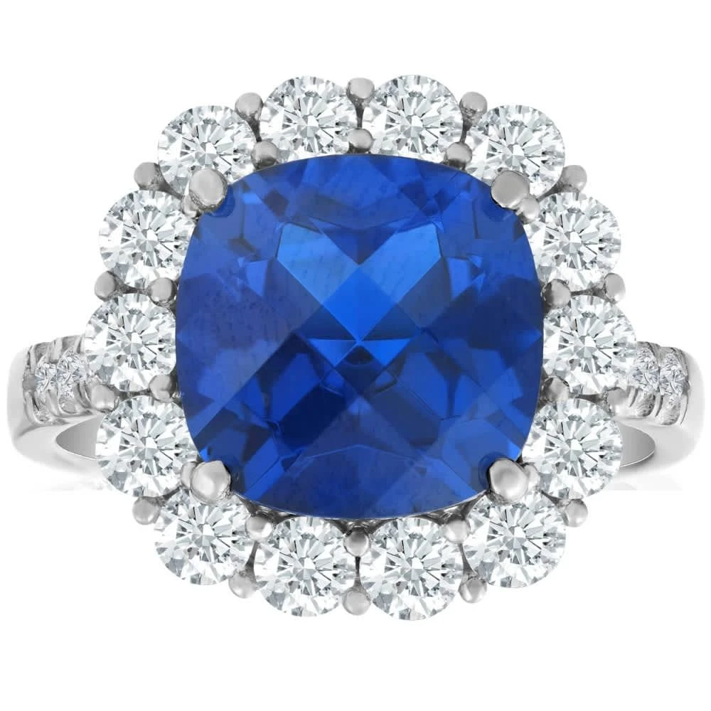 Pompeii3 6 1/2 Ct Diamond Halo Created Sapphire Ring 10k White Gold Lab Grown