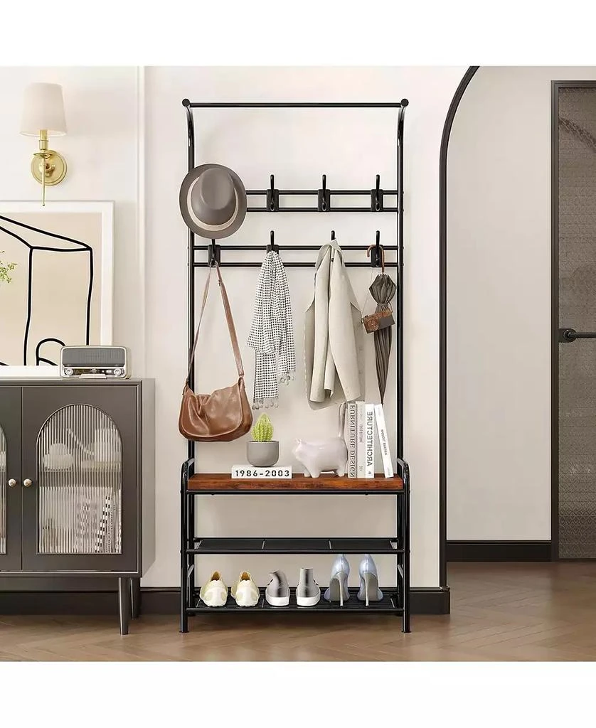 gaomon Hall Tree Shoe Bench, 4-in-1 Industrial Entryway Storage Bench with 8 Sturdy Hooks, Freestanding Coat Rack for Small Spaces, Apartments, Retro Brown 3