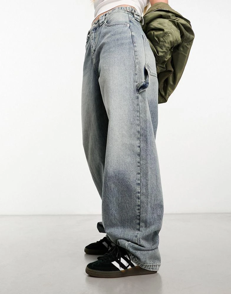 Bershka Bershka adjustable waist carpenter jeans in light dirty wash blue 3