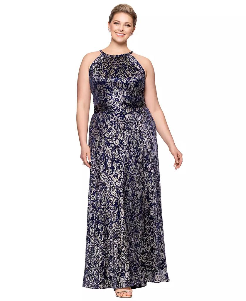 Betsy & Adam Plus Size Metallic Floral Print Sleeveless Gown