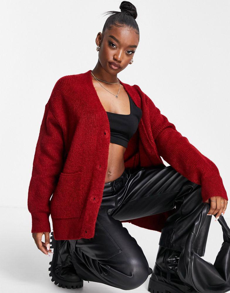 NA-KD NA-KD oversized cardigan in burgundy