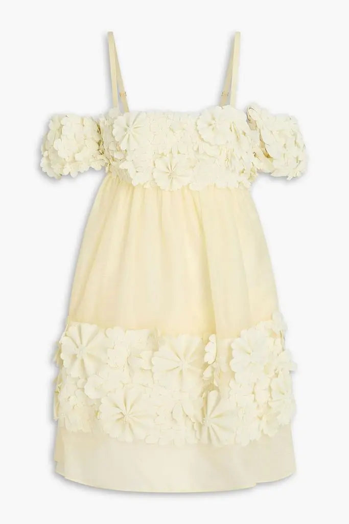 Zimmermann Cold-shoulder floral-appliquéd linen and silk-blend mini dress