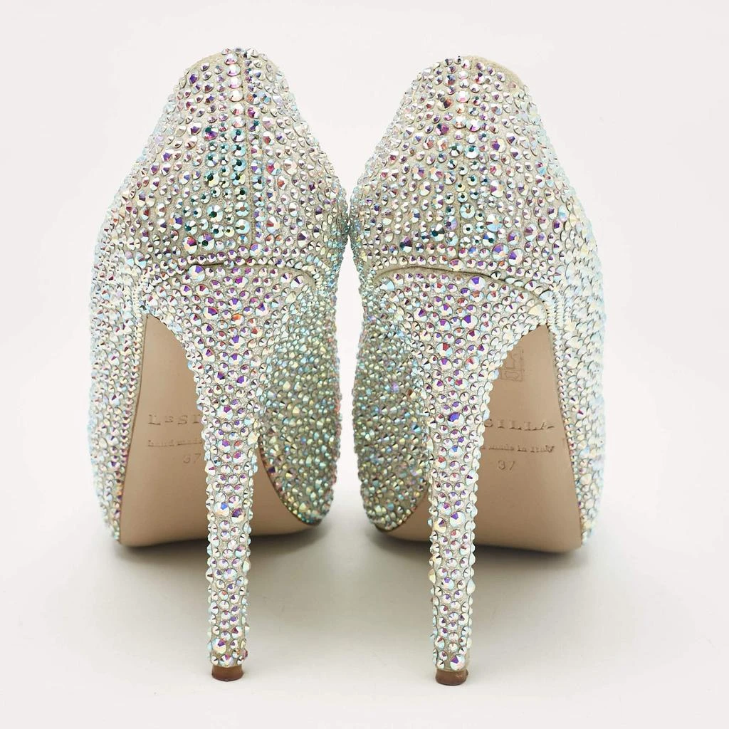 LE SILLA Le Silla Silver Crystal Embellished Suede Peep Toe Platform Pumps Size 37 5