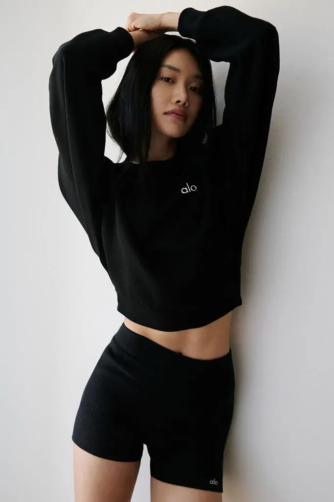 Alo Cropped Accolade Crewneck - Black - Hoodies - Free Shipping 
