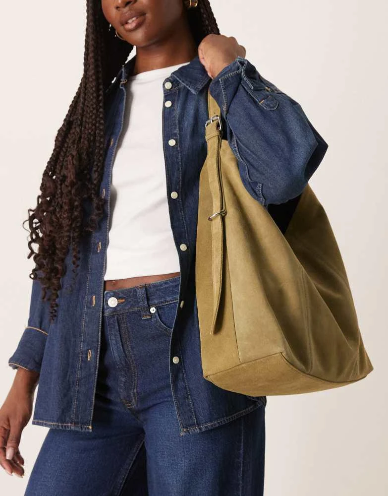 ASOS ASOS DESIGN suede slouch buckle tote bag in khaki 4