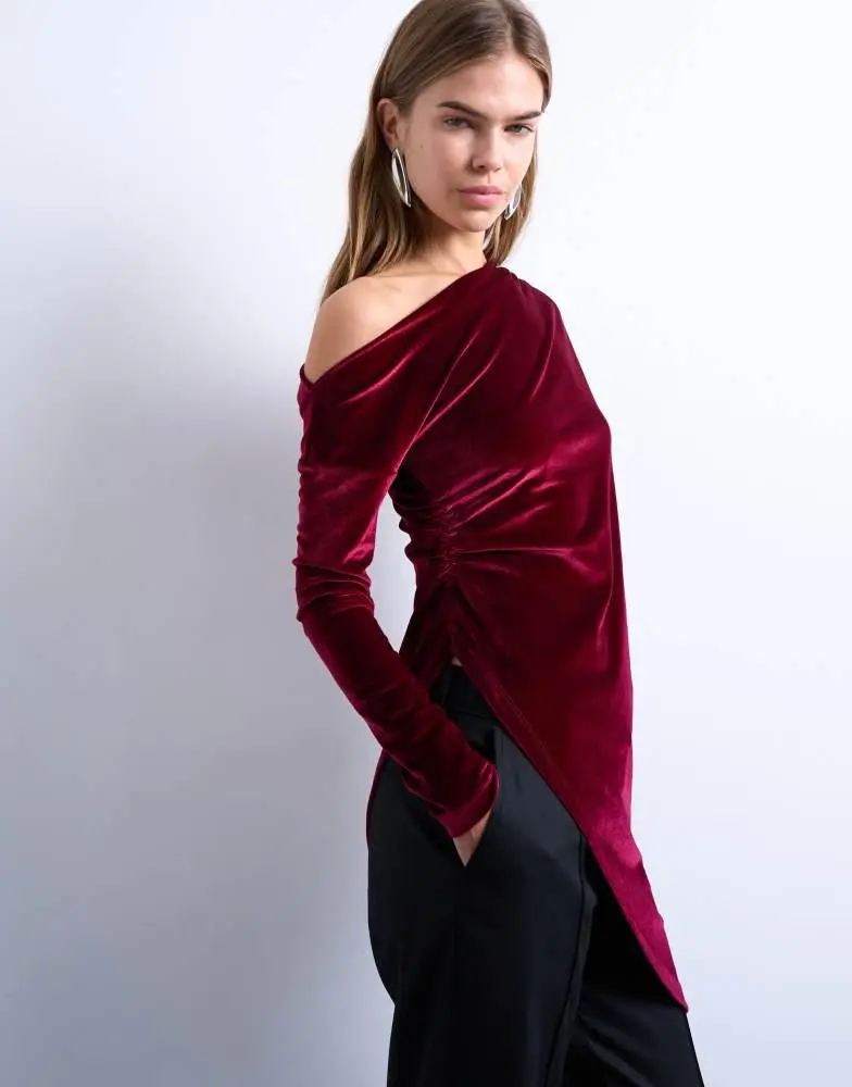 Topshop Topshop velvet off shoulder tunic long sleeve top in burgundy