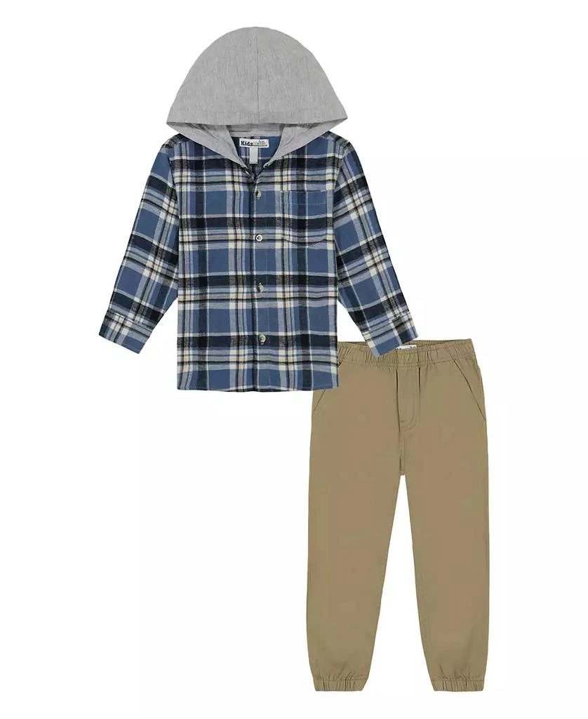 KIDS HEADQUARTERS Toddler and Little Boys, Plaid Woven Shirt with Knit Hood Twill Joggers 1