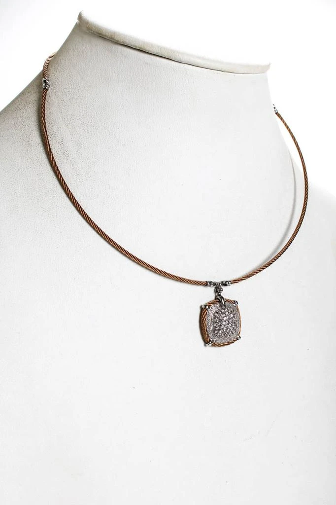 Charriol Womens Steel 18K White Gold Accent Topaz Pave Diamond Accent Square Pendant Necklace 17" 3