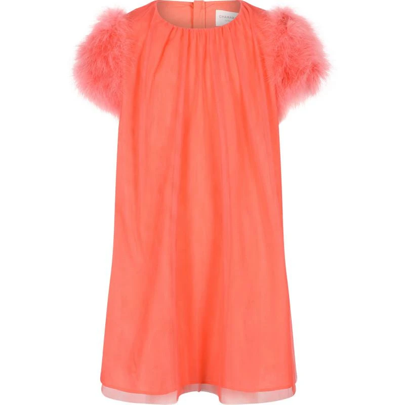 Charabia Feathers sleeves tulle dress in pink orange 1
