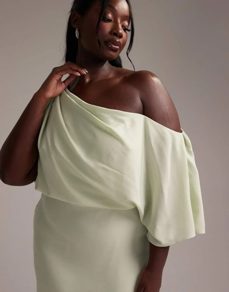 ASOS Design Curve Bridesmaids crepe one shoulder draped maxi dress in light green