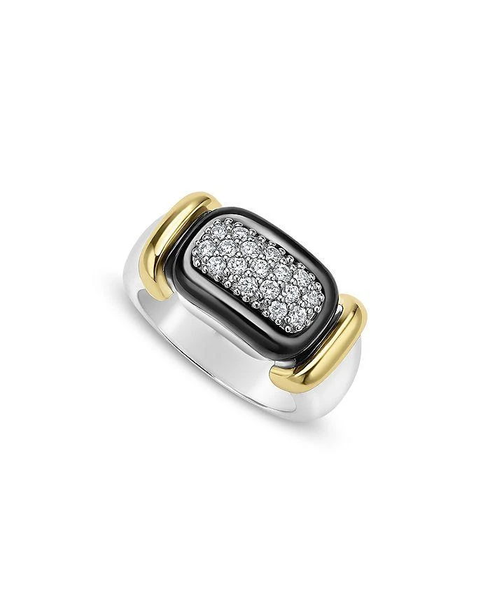 LAGOS 18K Yellow Gold 
Sterling Silver Black Caviar Diamond 
Black Ceramic Cluster Ring