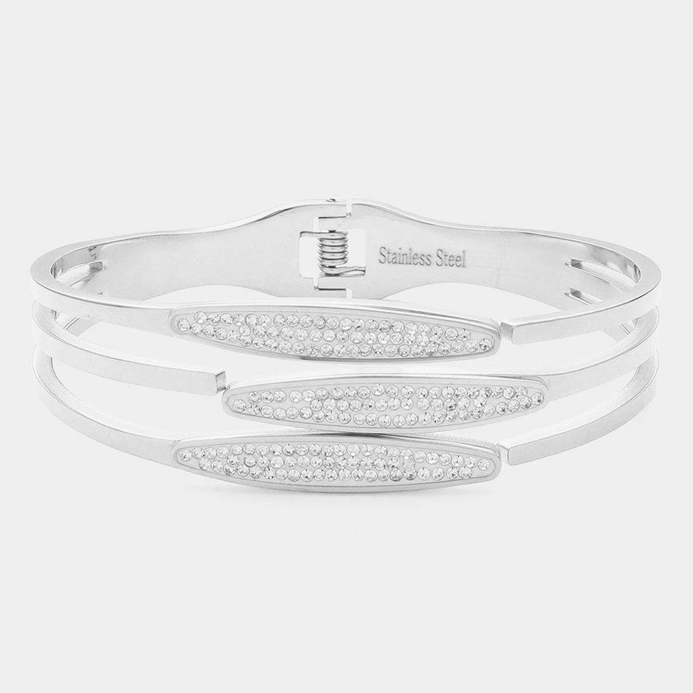 FASHNZFAB Stone Paved Oval Plate Pointed Stainless Steel Hinged Bangle Bracelet