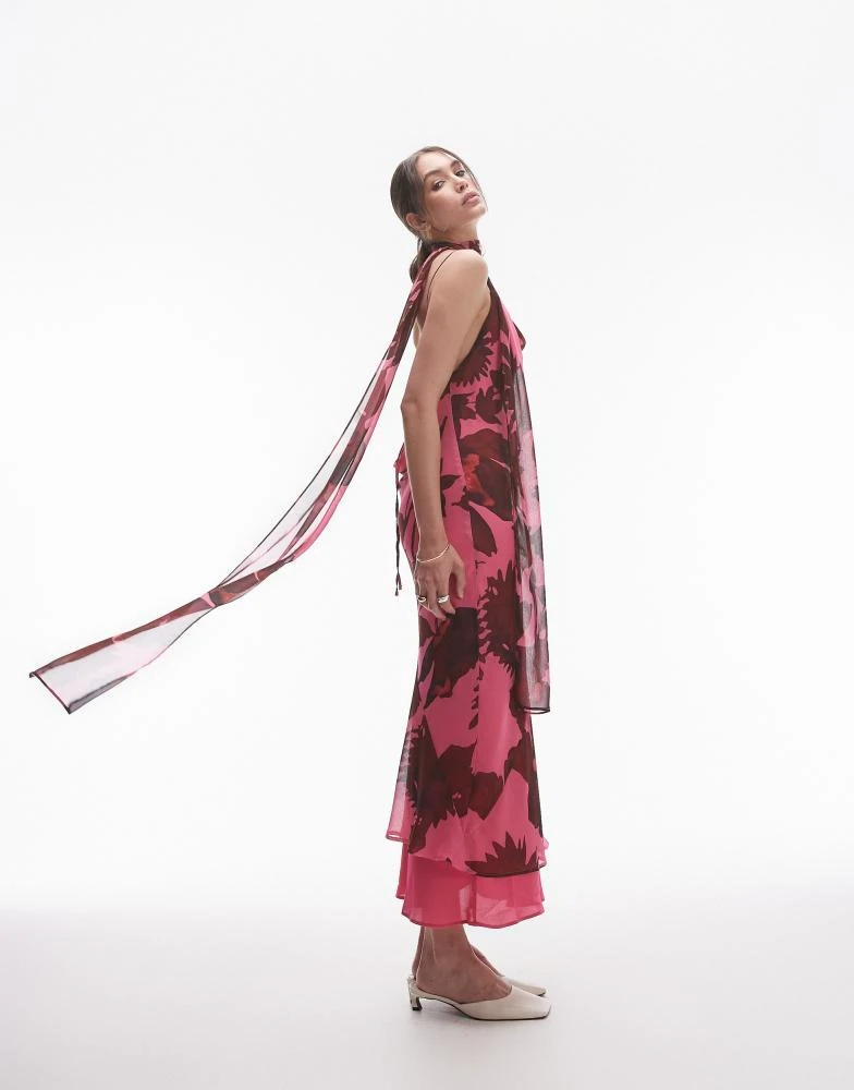 Topshop Topshop chiffon cowl slip midi dress in pink oversized floral print with scarf 2