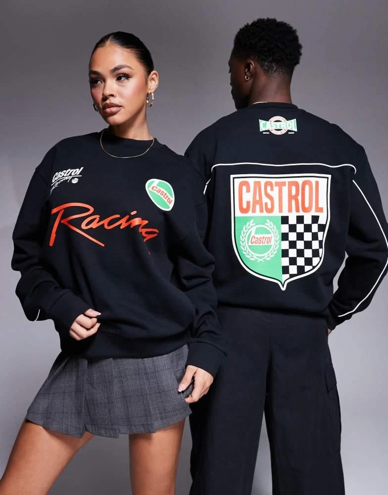 ASOS ASOS DESIGN unisex boxy oversized sweatshirt with piping detail and Castrol Racing prints in black 2