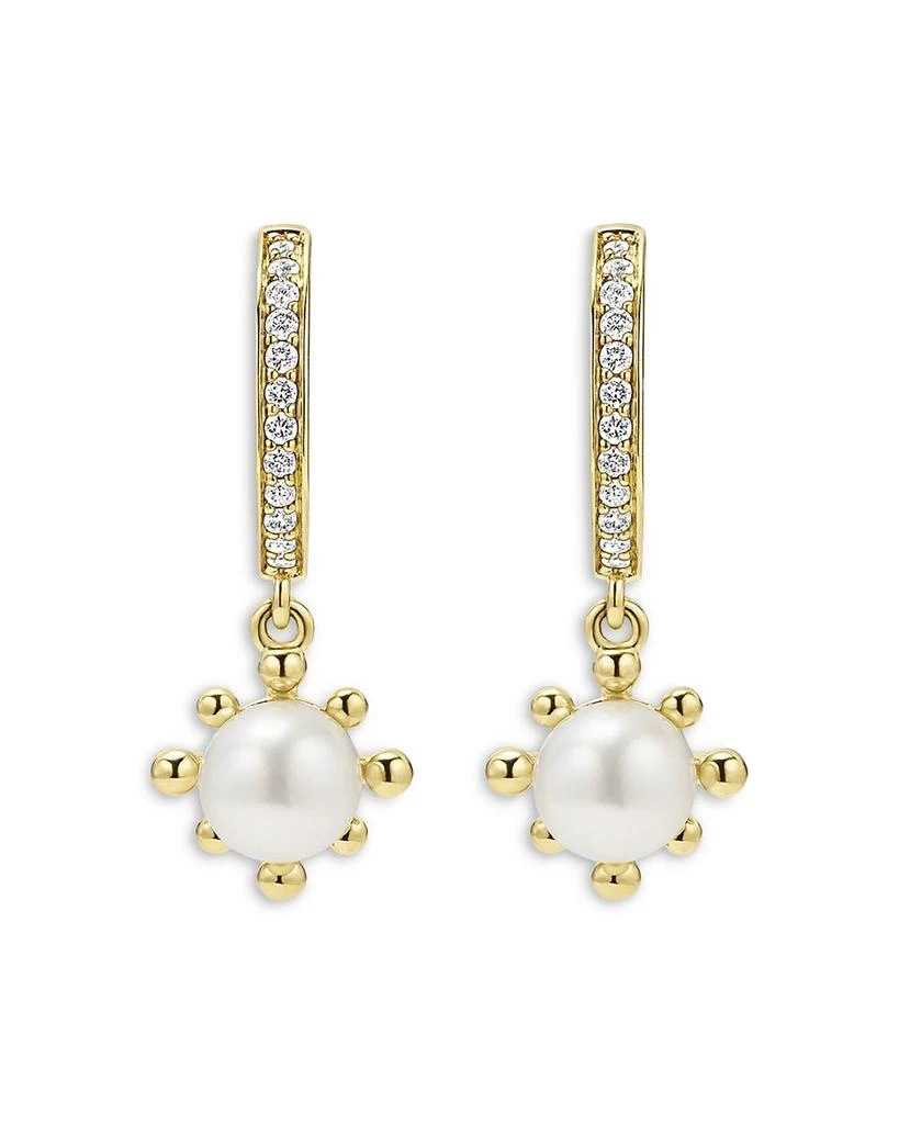 LAGOS 18K Yellow Gold Luna Cultured Pearl Fleur Charm Diamond Hoop Earrings 4