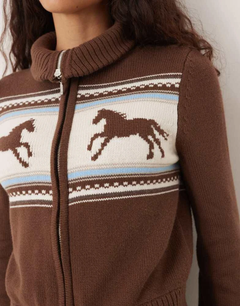 Abercrombie 
Fitch Abercrombie 
Fitch double zip foldover collar horse graphic cardigan in brown 4