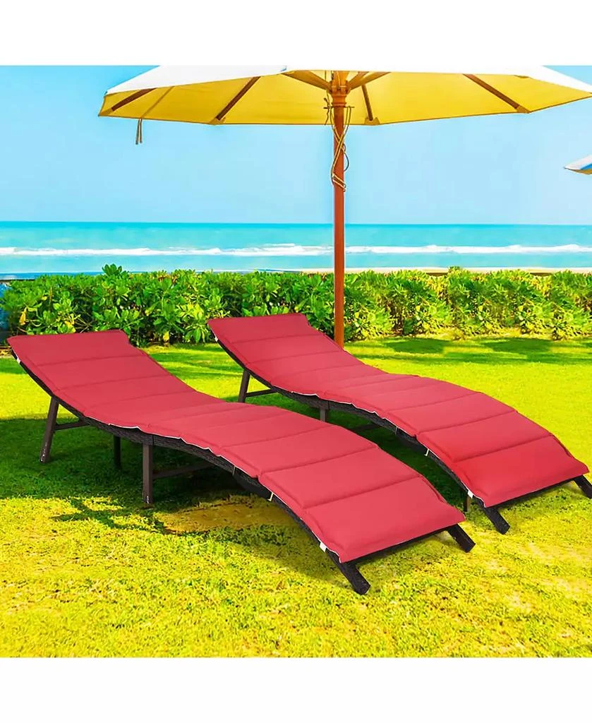 Gymax Set of 2 Folding Wicker Chaise Portable Lounge Chair w/ Double Sided Cushion 4