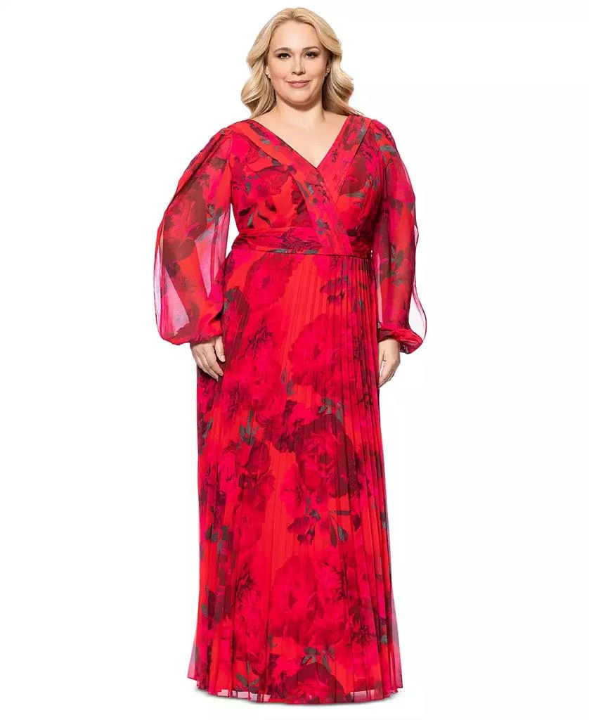 Betsy & Adam Plus Size Printed Pleated Long-Sleeve Gown 1