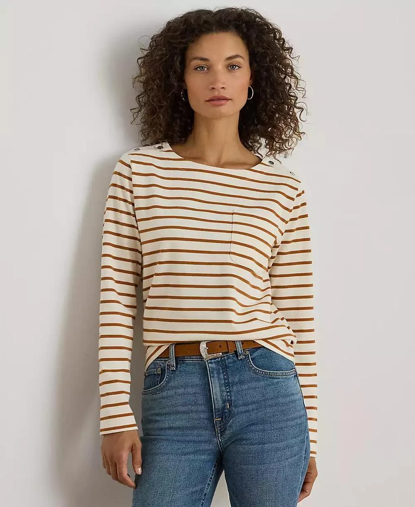 Ralph Lauren Petite Striped Jersey Snap-Trim Boatneck Top 1