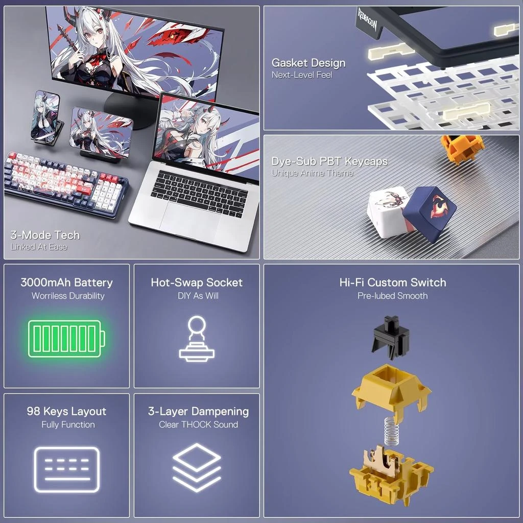 Redragon K686 PRO SE Wireless RGB Mechanical Keyboard - 98 Keys, Hot-Swap Ready, Anime-Inspired Design 2