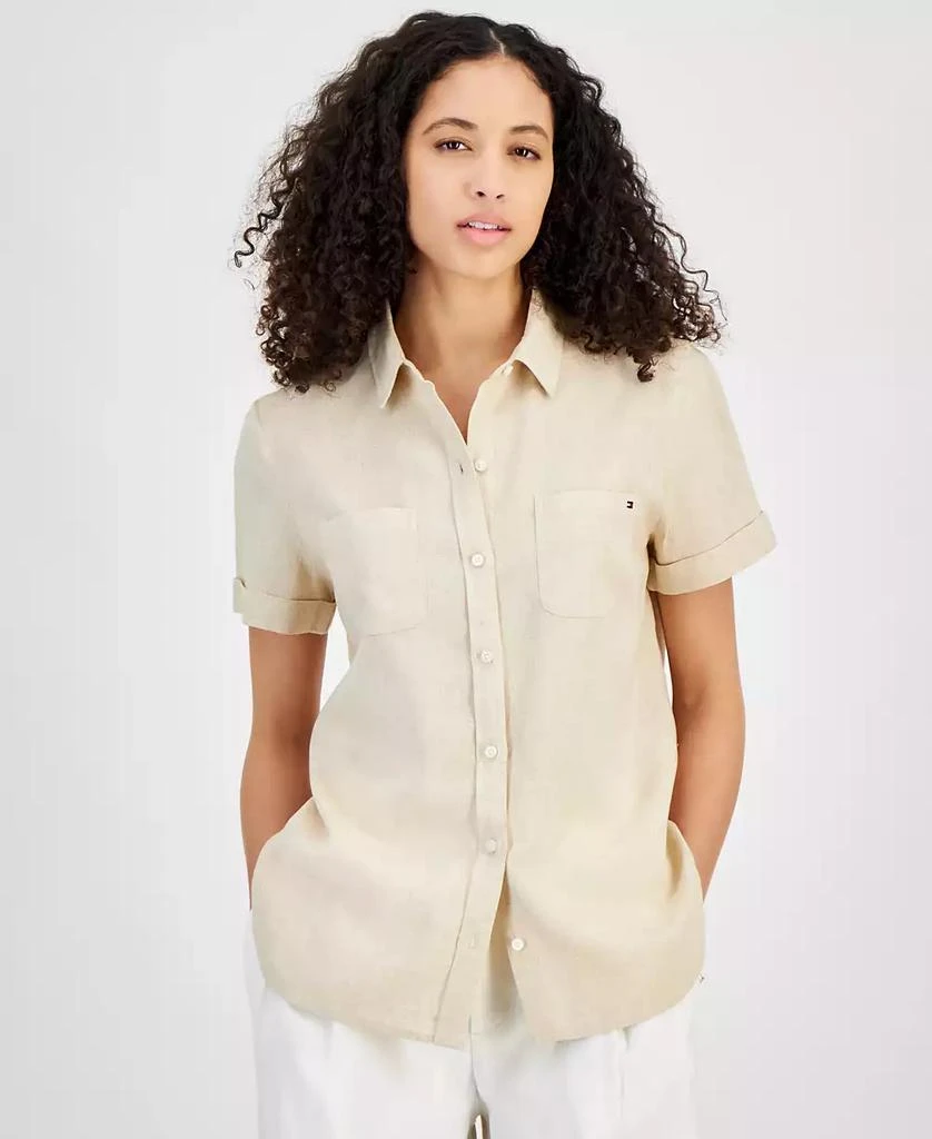 Tommy Hilfiger Women's Linen-Blend Short-Sleeve Button-Front Shirt 1