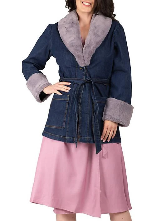 Standards and Practices And Practices Tie Robe Detachable Faux Fur Collar Cuff Denim Wrap Coat 1