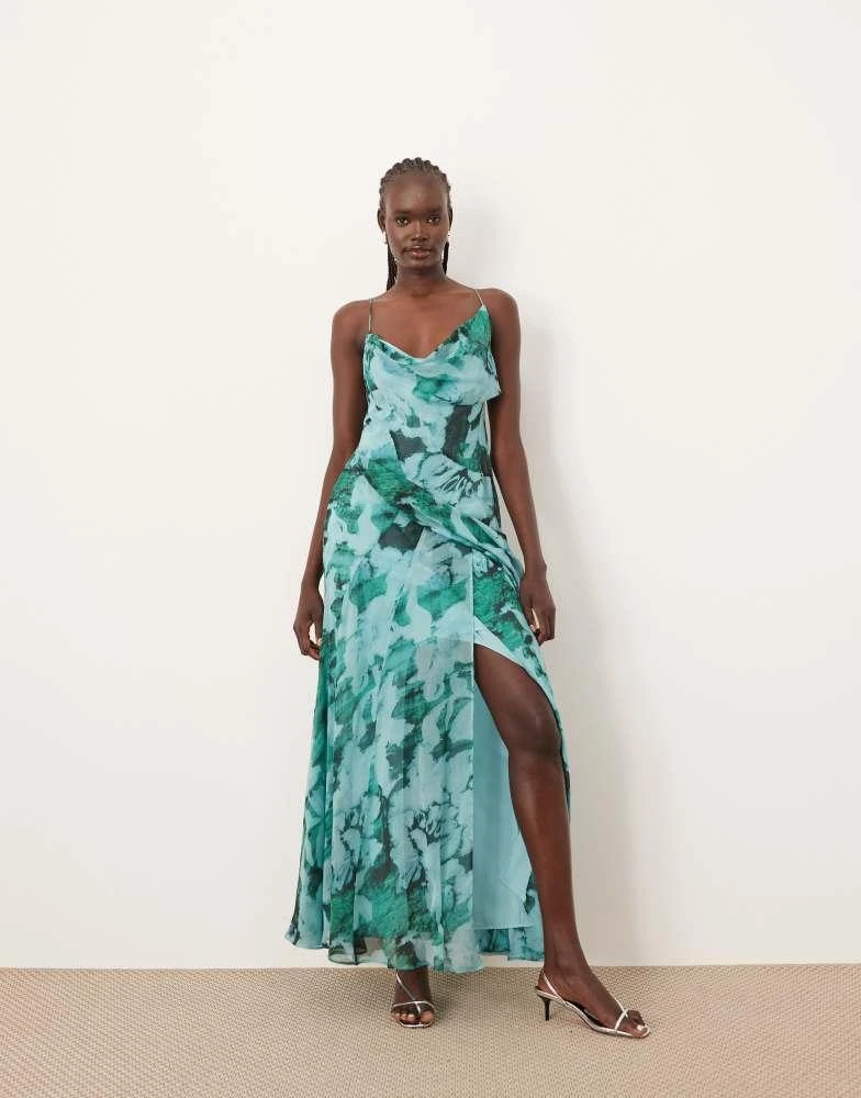 ARRANGE chiffon cami asymmetric drape maxi dress in blue abstract print –  On Sale Now with Up to 25% Off