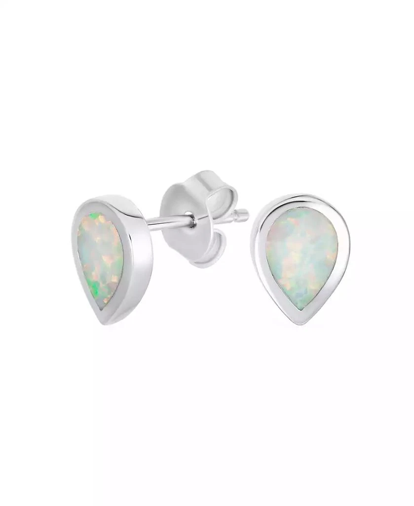 Bling Jewelry Tiny Simple Iridescence Bezel Created White Opal Teardrop Stud Earrings .925 Sterling Silver