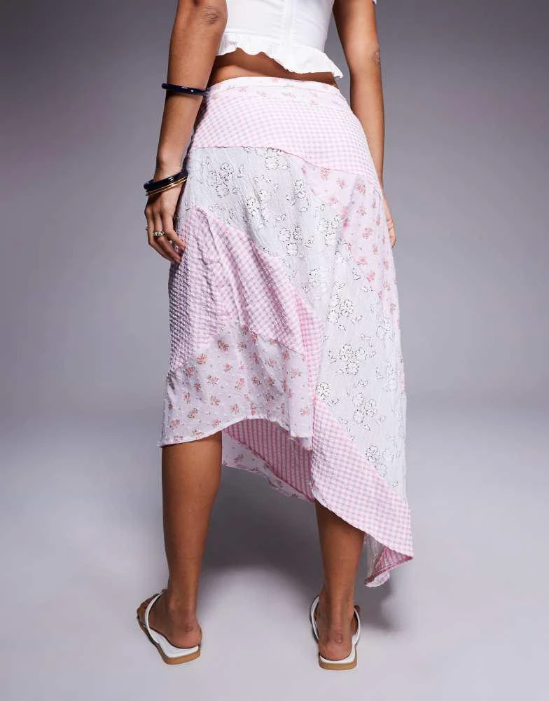 Princess Polly Princess Polly Rennar cotton rich asymmetric hem patchwork maxi skirt in pink and white print 4