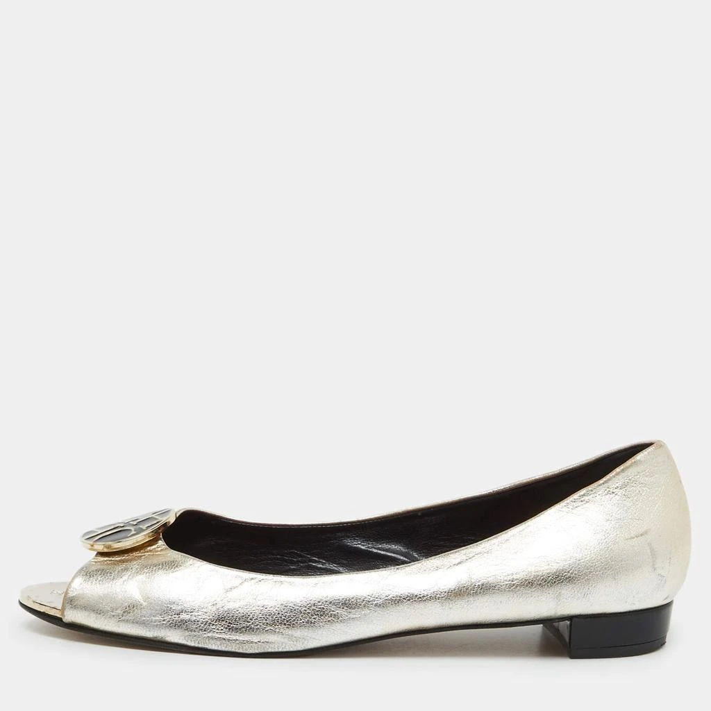 CH Carolina Herrera CH Carolina Herrera Gold Leather Logo Peep-Toe Ballet Flats Size 38 1