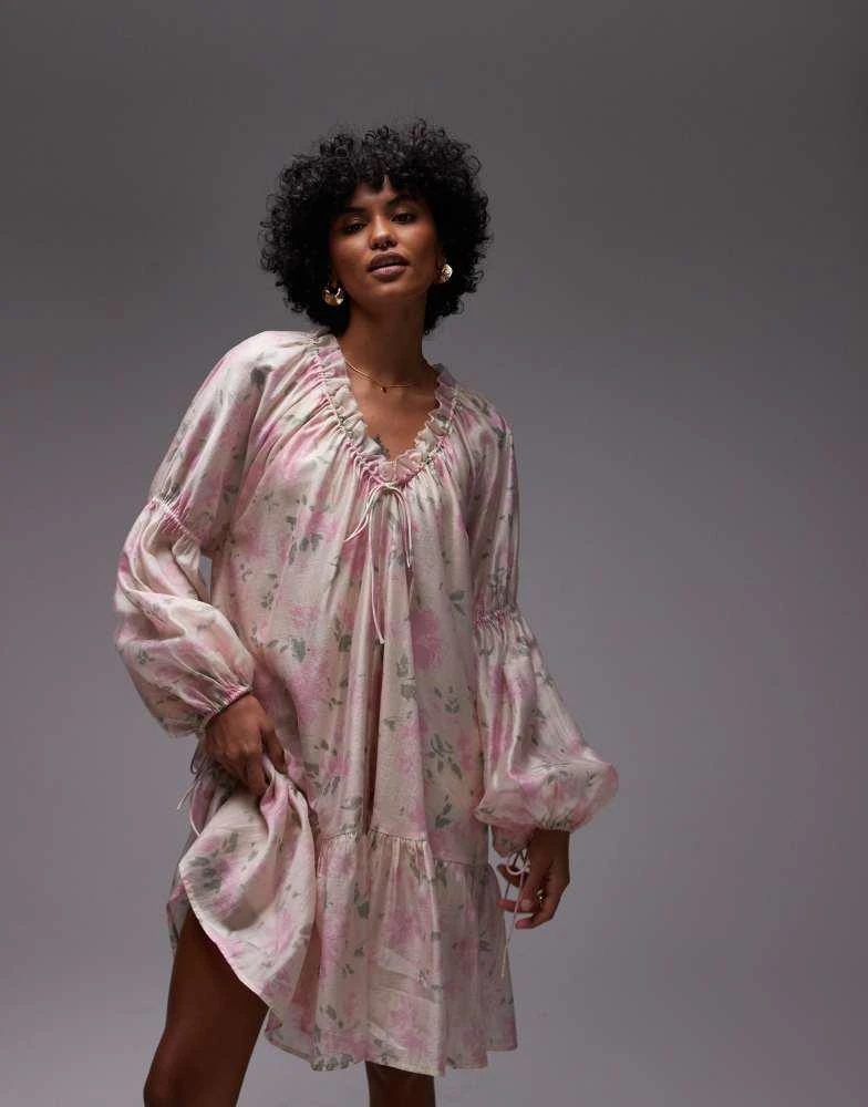 & Other Stories & Other Stories semi sheer mini dress with volume sleeves in floral print