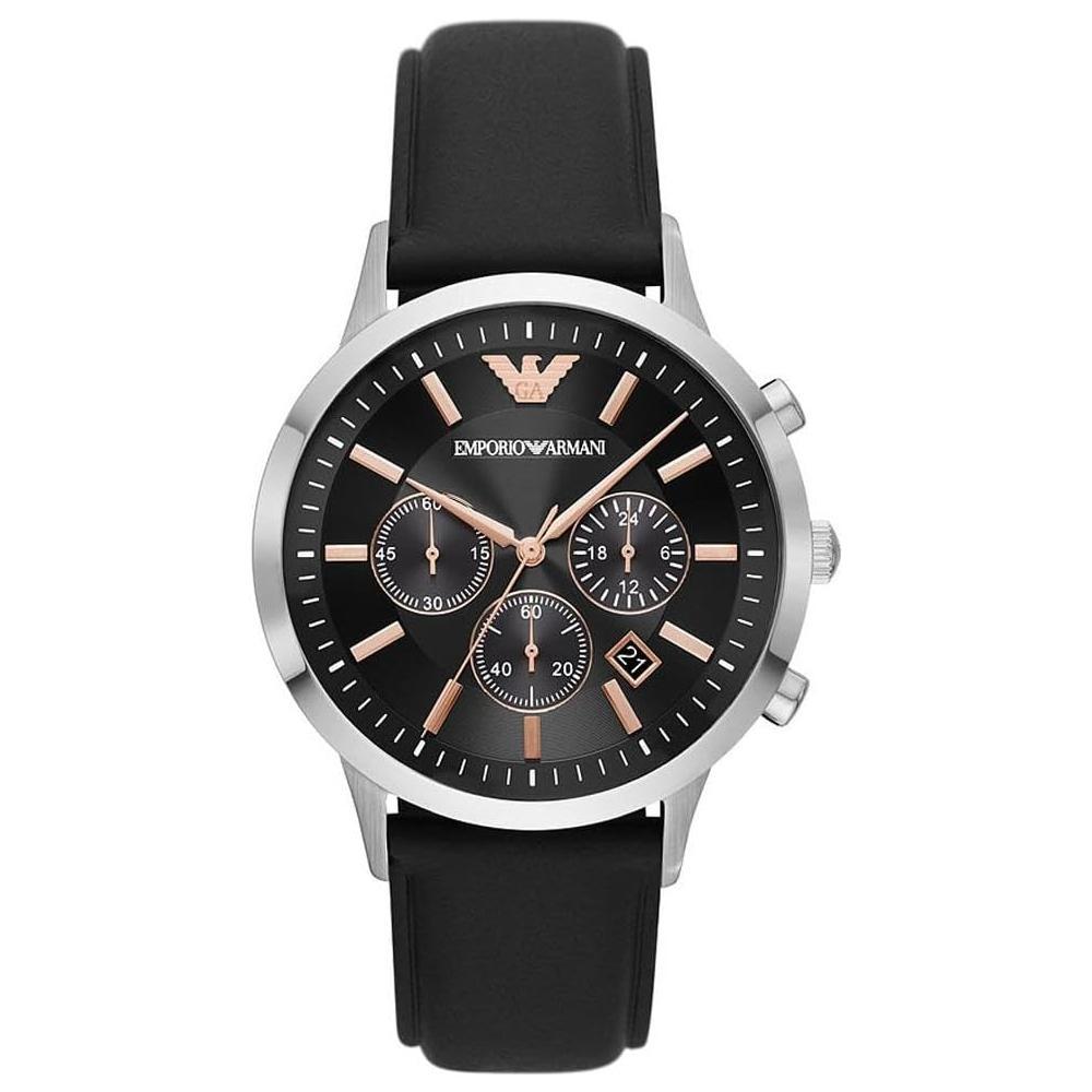 Emporio Armani Chronograph Black Leather Mens Watch