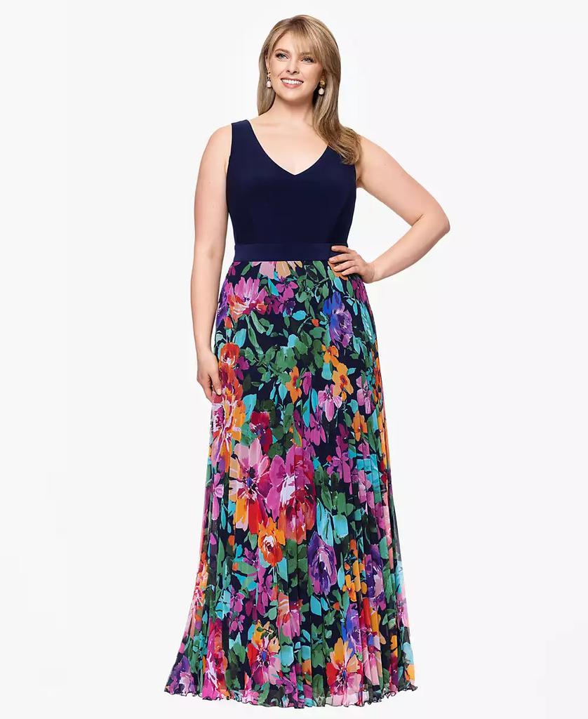 XSCAPE Plus Size V-Neck Sleeveless Printed-Skirt Gown