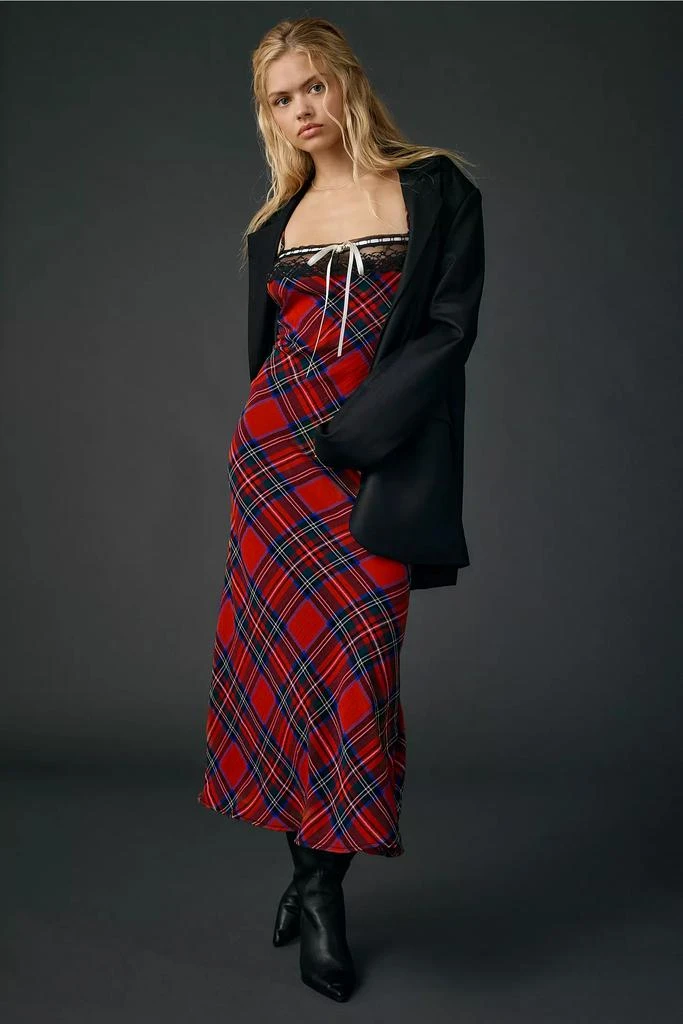 Urban Outfitters UO Plaid For You Lace Trim Slip Midi Dress 3