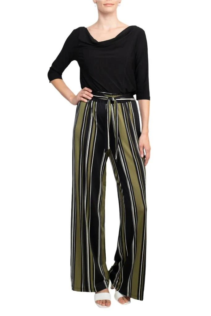 Emma
Michele Cowl Neck 3/4 Sleeve Tie Front Elastic Waist Jersey Jumpsuit In Black/green