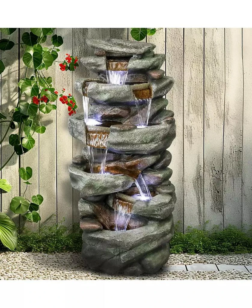 SunJet 40.5” High Rocks Outdoor Water Fountain - 6-Tiers Cascading Waterfall with LED Lights, Soothing Tranquility for Home Garden, Yard Decor 4