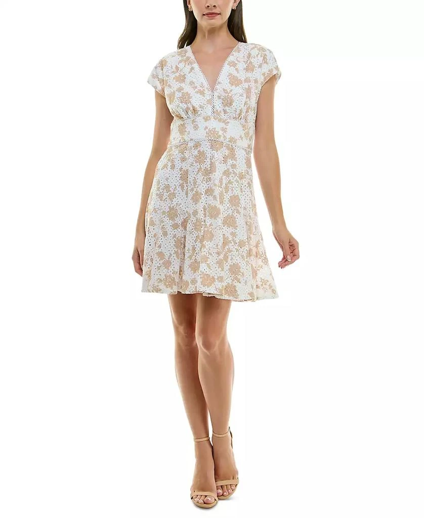 Taylor Women's Printed Cotton Eyelet V-Neck Dress 1