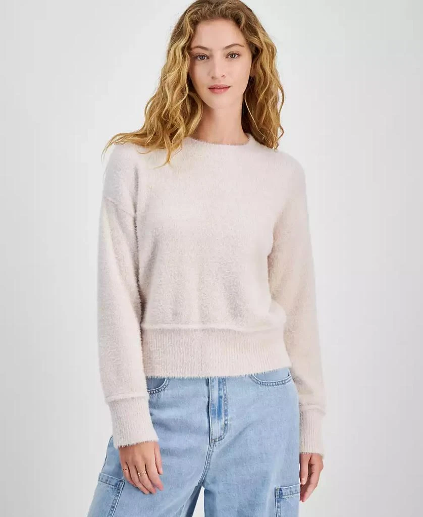 Hippie Rose Juniors' Cozy Drop-Shoulder Eyelash Lurex Crewneck Sweater 1