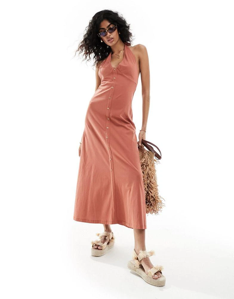 ASOS ASOS DESIGN halter neck midi dress with button front in terracotta 1