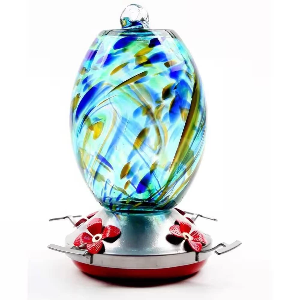 Hivvago Blue Blown Glass Hummingbird Feeder with Perch and 4 Feeding Ports 1