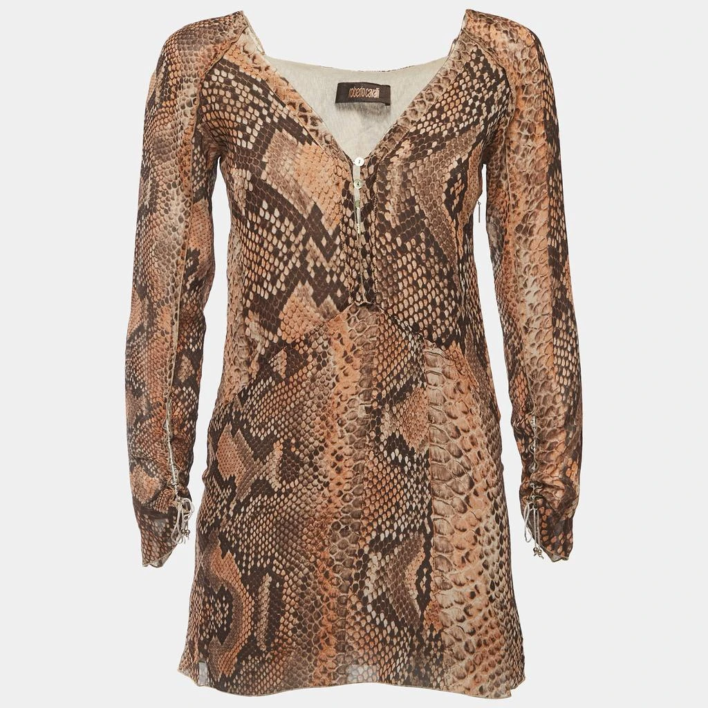 Roberto Cavalli Roberto Cavalli Brown Snake Print Silk Long Sleeve Flared Mini Dress M 1