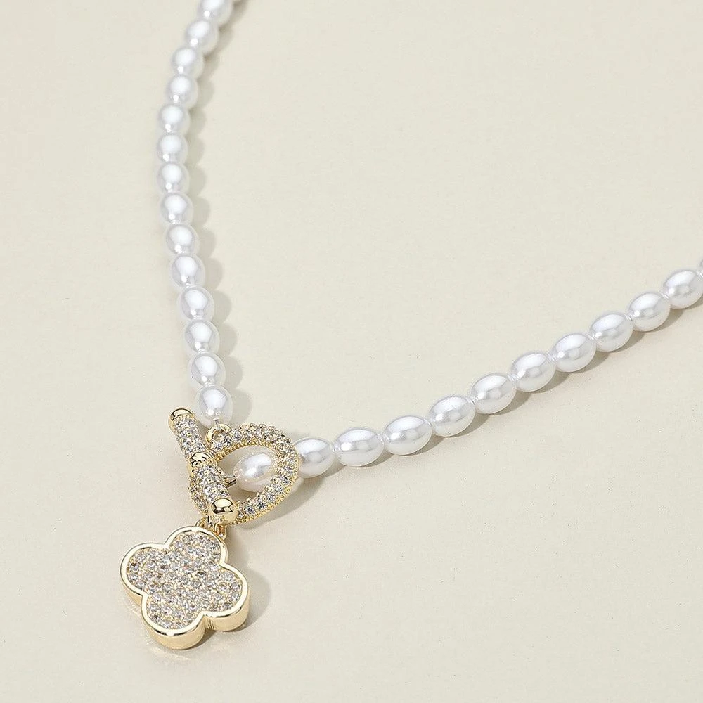 FASHNZFAB 14K Gold Plated CZ Stone Paved Quatrefoil Pendant Toggle Pearl Necklace