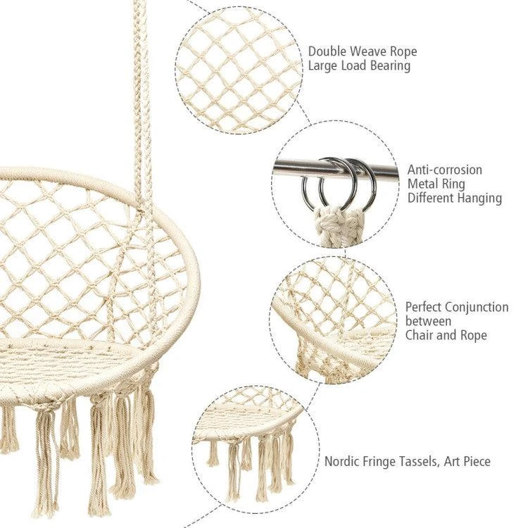Hivvago Hanging Macrame Hammock Chair with Handwoven Cotton Backrest-Natural 6