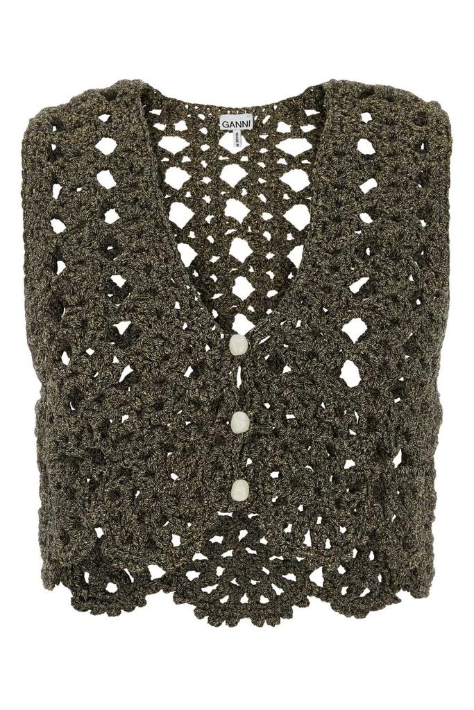 Ganni Ganni Crochet-Knit V-Neck Cropped Top 1