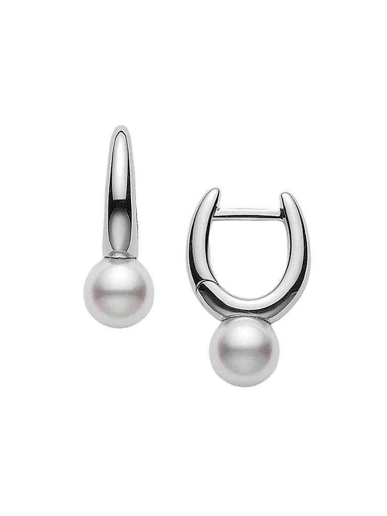 Mikimoto 18K White Gold & 6.5MM White Cultured Akoya Pearl Huggie Hoop Earrings 1