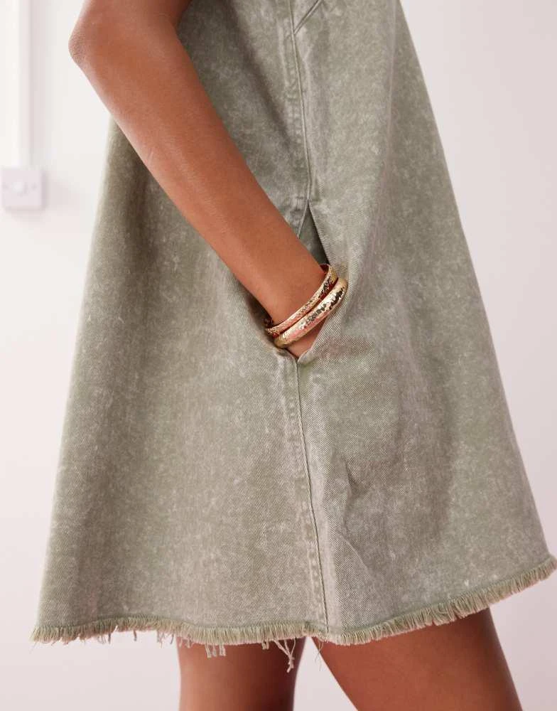Monki Monki sleeveless a line mini dress with frayed edge in khaki 3