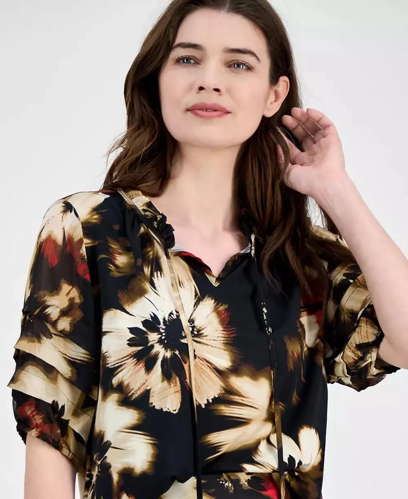 Anne Klein Women
s Pleated-Sleeve Floral-Print Split-Neck Top 3